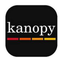 Kanopy logo with white lowercase text on a black background above a row of red, orange, and yellow bars.