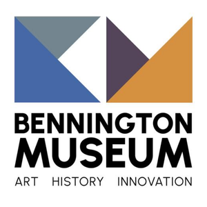 Logo for the Bennington Museum featuring two geometric triangular shapes—one in blue and gray, the other in purple and gold—above bold black text reading “Bennington Museum,” with smaller text below that says “Art History Innovation