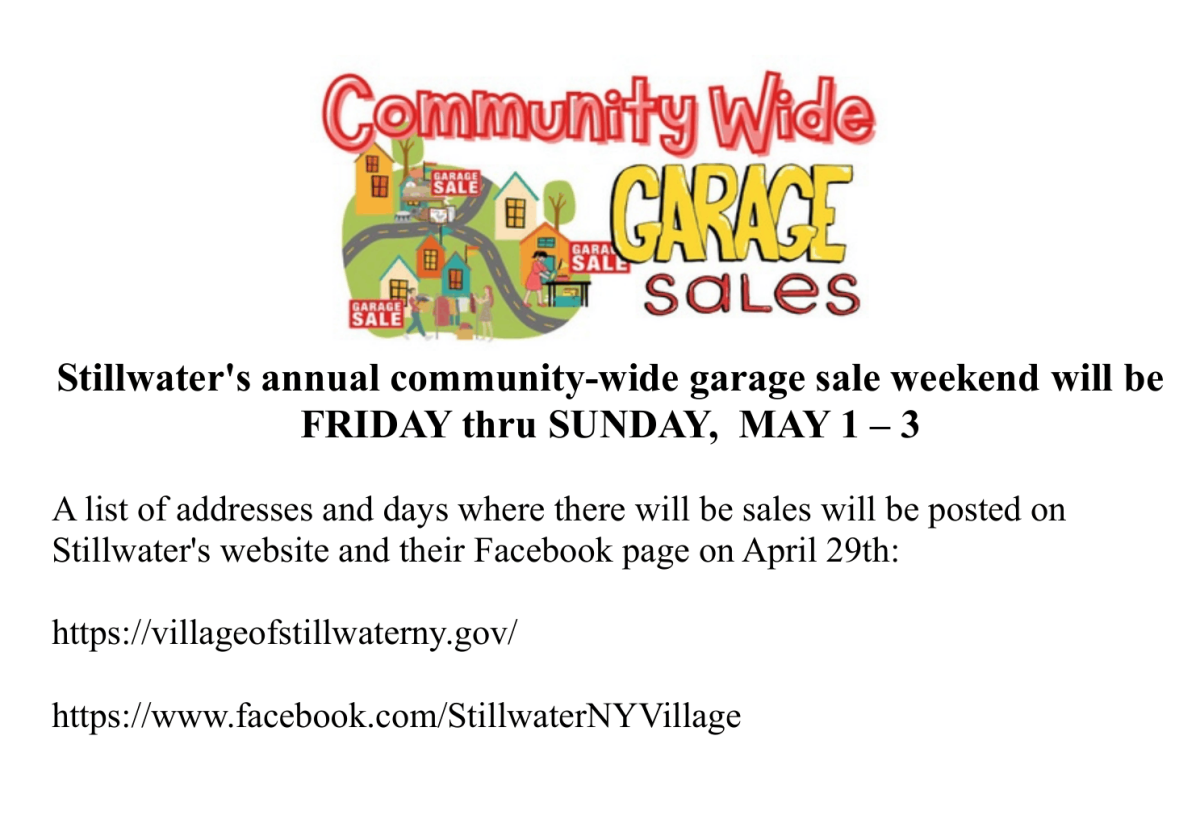 Flyer titled “Community Wide Garage Sales” with a colorful illustration of houses and yard sale signs. Announces Stillwater’s annual community-wide garage sale weekend, taking place Friday through Sunday, May 1–3. States that a list of participating addresses and sale days will be posted on April 29 on the Village of Stillwater website and Facebook page, with links provided.