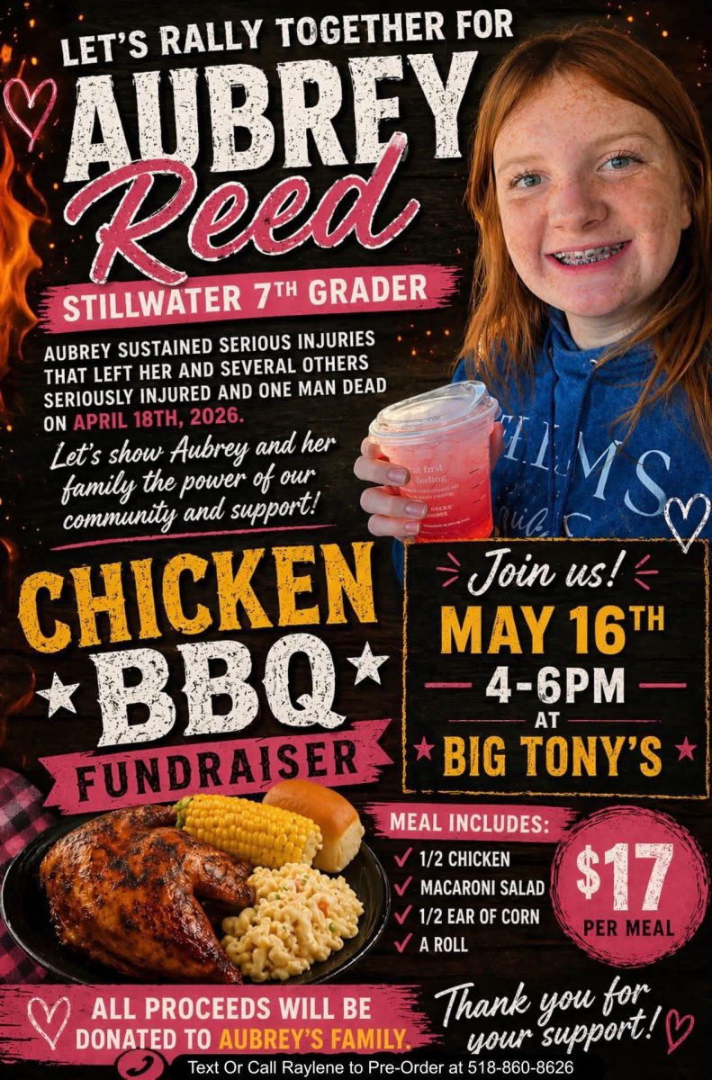 Fundraiser flyer supporting Aubrey Reed, a Stillwater 7th grader. Design features a photo of Aubrey smiling and holding a drink, with bold text reading “Let’s rally together for Aubrey Reed.” Details a Chicken BBQ fundraiser on May 16 from 4–6 PM at Big Tony’s, with $17 meals including half chicken, macaroni salad, corn, and a roll. Notes that all proceeds will be donated to Aubrey’s family and includes contact information for pre-orders.