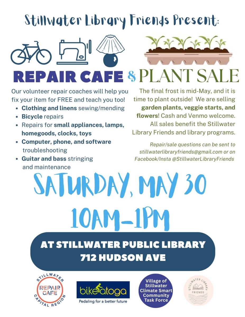 Flyer for “Repair Cafe & Plant Sale” presented by Stillwater Library Friends. Event is Saturday, May 30 from 10 AM–1 PM at Stillwater Public Library, 712 Hudson Ave. Repair services offered include clothing mending, bicycle repair, small appliances, electronics troubleshooting, and instrument maintenance. Plant sale includes garden plants, veggie starts, and flowers, with proceeds benefiting library programs. Includes partner logos at the bottom.