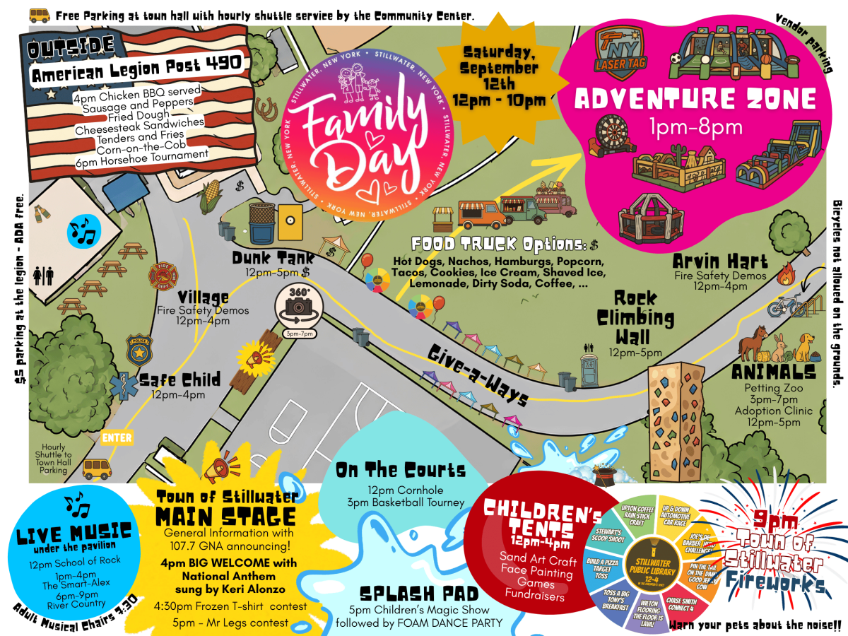 Flyer showing the Fmailty Day map and schedule of events.