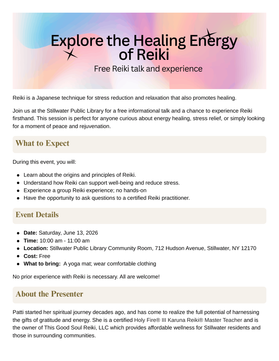 Flyer for a free Reiki talk and group experience at the Stillwater Public Library. The design features a soft pastel gradient header with the title “Explore the Healing Energy of Reiki.” Information sections describe Reiki, what participants can expect, event details, and presenter information. The event takes place Saturday, June 13, 2026 from 10–11 AM at the Stillwater Public Library Community Room. Attendees are encouraged to bring a yoga mat and wear comfortable clothing.