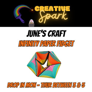 Creative Spark flyer featuring a colorful folded paper fidget craft and information for a drop-in activity held Monday through Thursday from 3–5 PM.