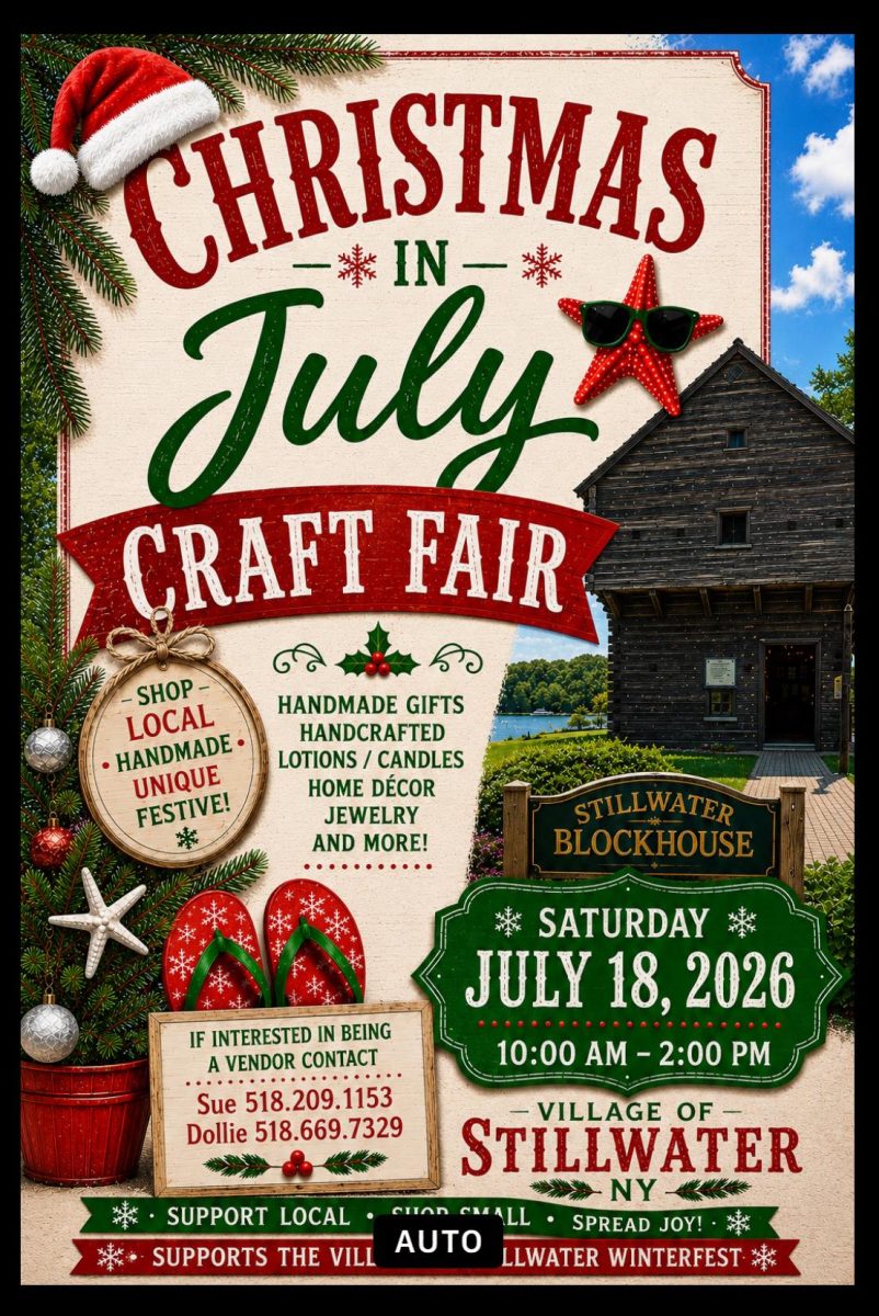 Promotional flyer for the Stillwater Christmas in July Craft Fair featuring festive holiday and summer-themed decorations. The event takes place Saturday, July 18, 2026, from 10:00 AM–2:00 PM at the Stillwater Blockhouse in Stillwater, New York. The flyer highlights handmade gifts, candles, home décor, jewelry, and other local artisan products, along with vendor contact information and encouragement to shop local and support small businesses.