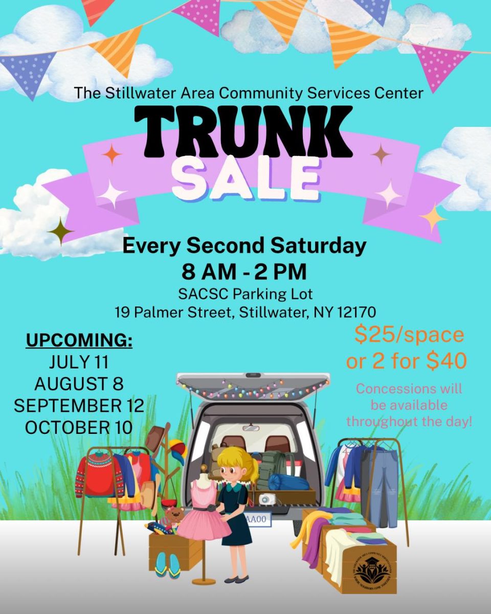Flyer promoting the Stillwater Area Community Services Center Trunk Sale, held every second Saturday from 8:00 AM–2:00 PM in the SACSC parking lot at 19 Palmer Street, Stillwater. The flyer lists upcoming sale dates from July through October and includes vendor space pricing. Colorful illustrations of a vehicle filled with items for sale, clothing racks, and household goods emphasize a community flea market and yard sale atmosphere.