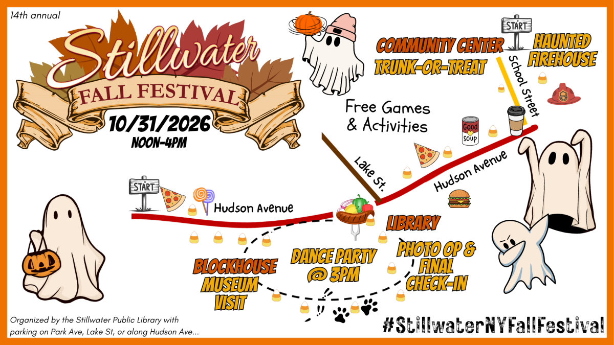 Stillwater Public Library Fall Festival flyer featuring community members in costumes and event details for October 31, 2026, noon–4 PM.