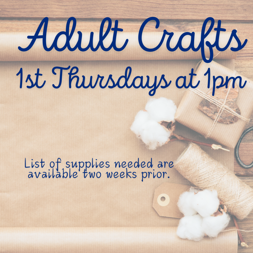 Adult Crafts: 1st Thursdays at 1:00pm

Call the library for the list of supplies you will need.