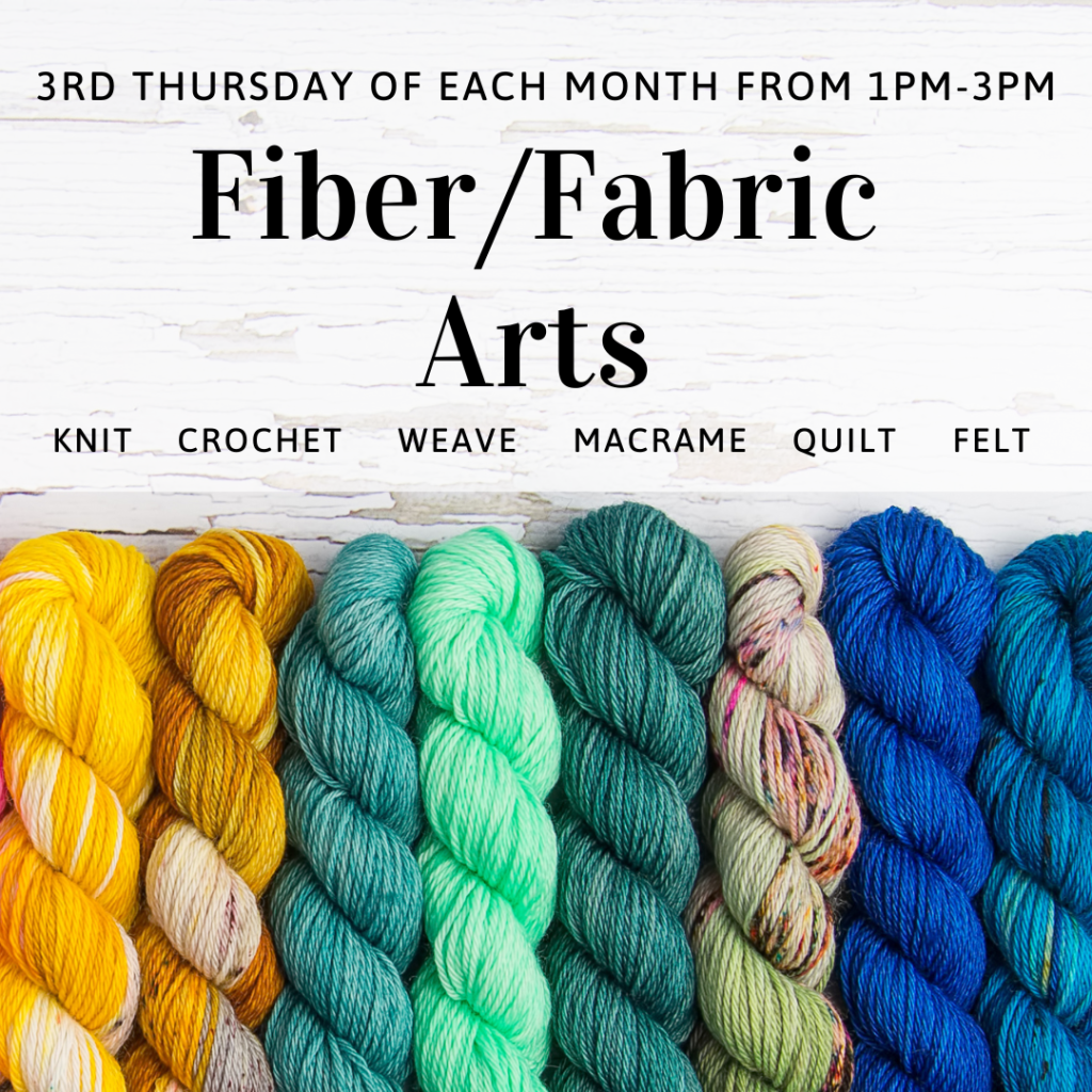 Fiber/Fabric Arts: 3rd Thursday at 1:00pm

Bring your lapwork and visit with other artists.